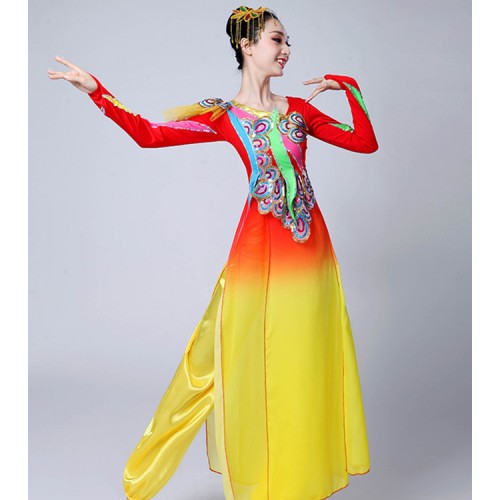 Chinese ancient folk dance costumes for women female red and gold gradient ancient traditional fairy drummer drama photos cosplay fan dance costumes